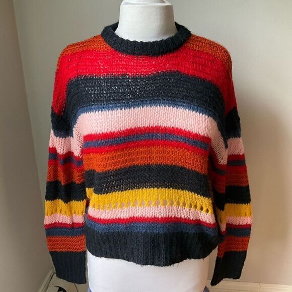 Moon and Madison Multicolor Striped Sweater Anthro Open Knit Dopamine Slouchy. S - Picture 5 of 9